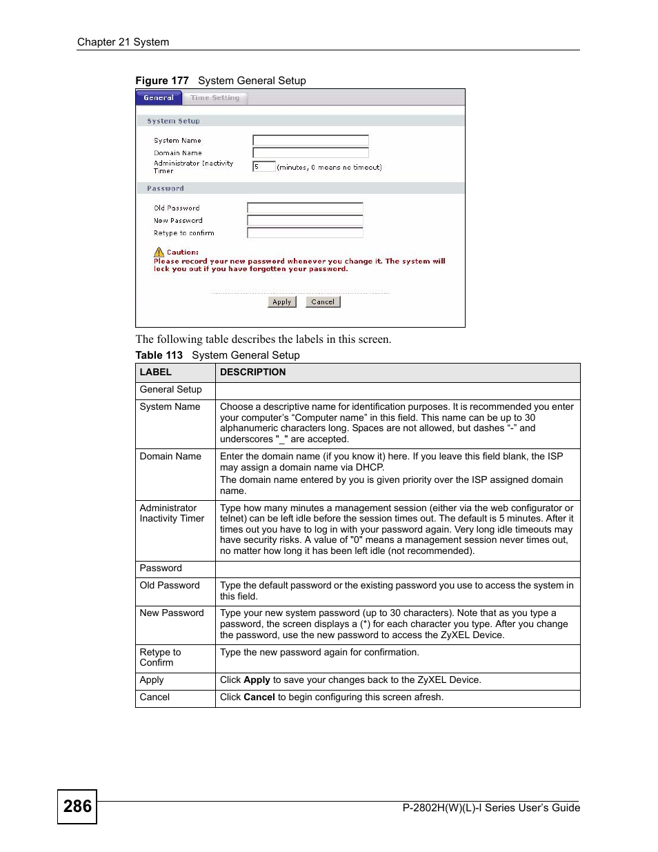 Figure 177 system general setup, Table 113 system general setup | ZyXEL Communications P-2802H(W)(L)-I Series User Manual | Page 286 / 418