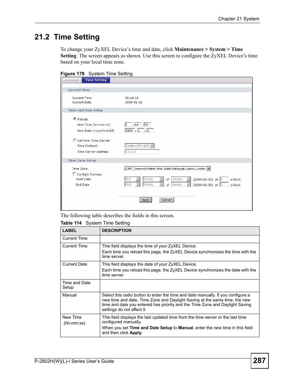 2 time setting, Figure 178 system time setting, Table 114 system time setting | ZyXEL Communications P-2802H(W)(L)-I Series User Manual | Page 287 / 418
