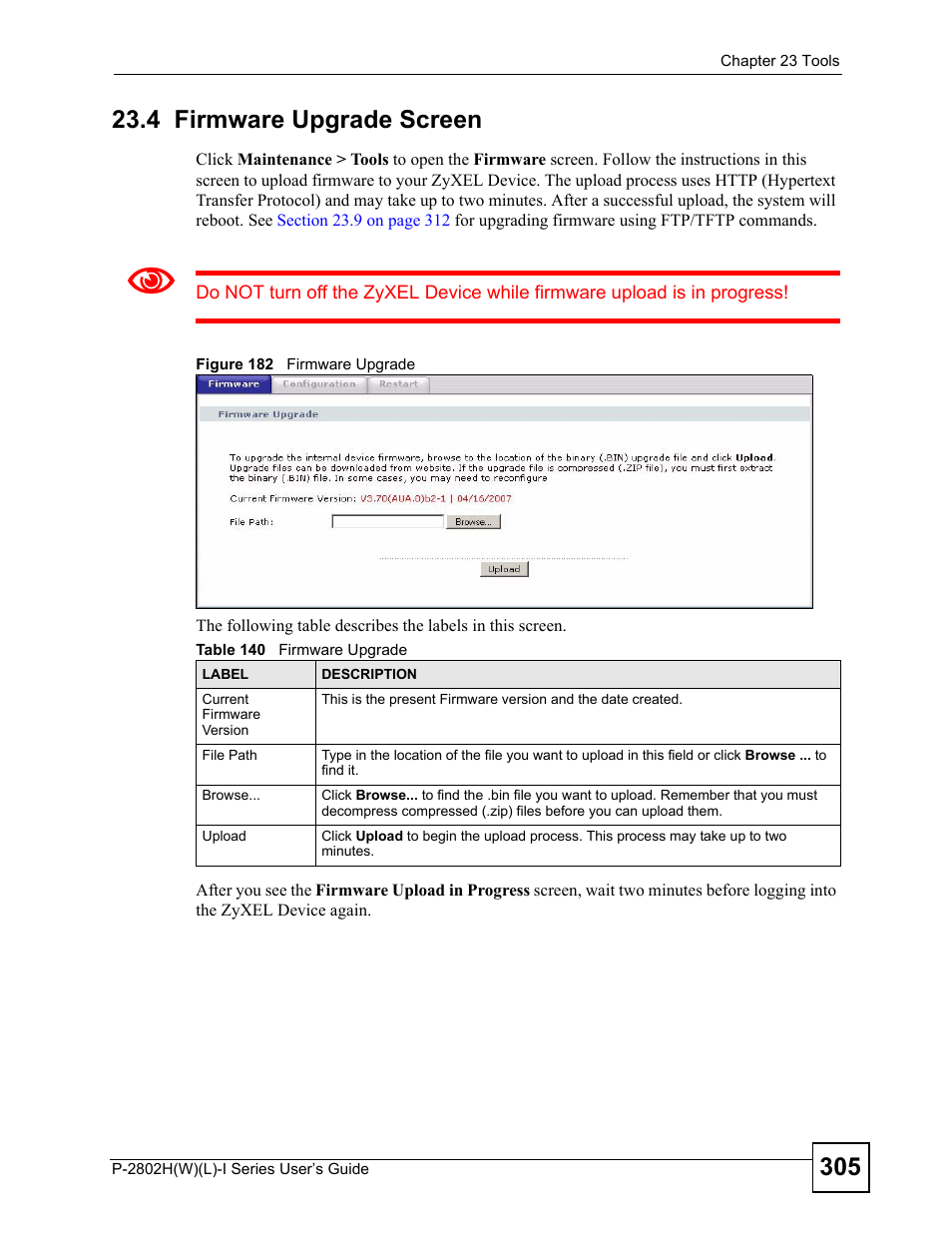 4 firmware upgrade screen, Figure 182 firmware upgrade, Table 140 firmware upgrade | ZyXEL Communications P-2802H(W)(L)-I Series User Manual | Page 305 / 418