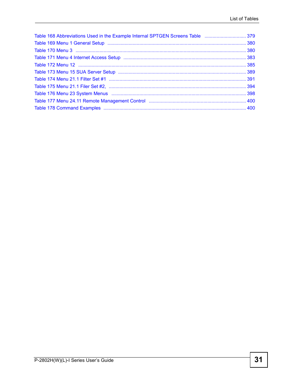 ZyXEL Communications P-2802H(W)(L)-I Series User Manual | Page 31 / 418