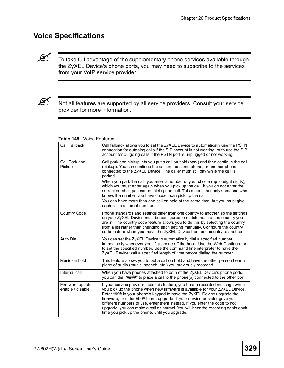 Table 148 voice features, 329 voice specifications | ZyXEL Communications P-2802H(W)(L)-I Series User Manual | Page 329 / 418