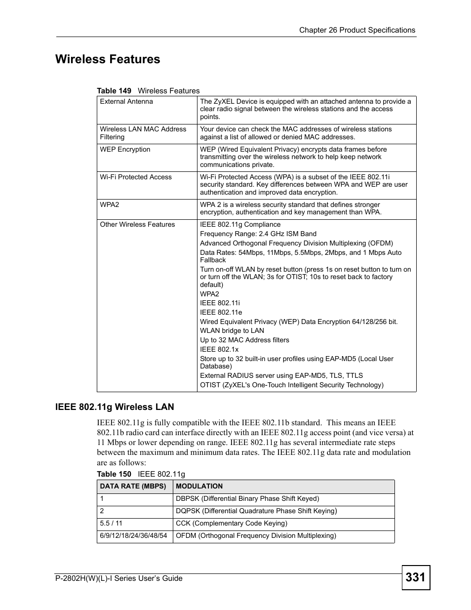 Table 149 wireless features table 150 ieee 802.11g, 331 wireless features | ZyXEL Communications P-2802H(W)(L)-I Series User Manual | Page 331 / 418