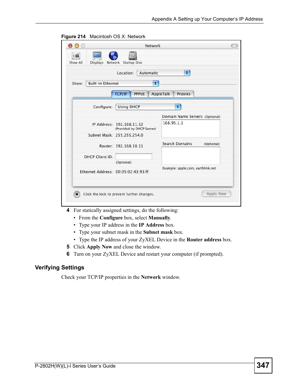 Figure 214 macintosh os x: network | ZyXEL Communications P-2802H(W)(L)-I Series User Manual | Page 347 / 418