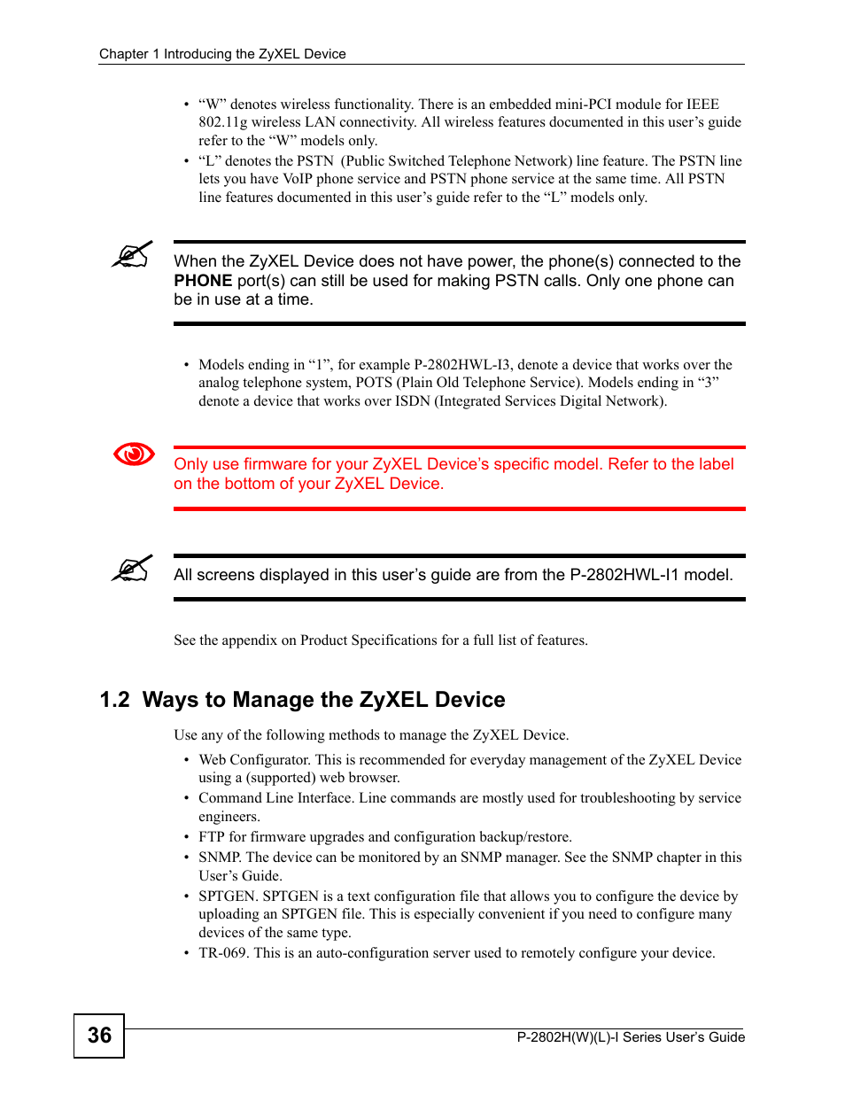 2 ways to manage the zyxel device | ZyXEL Communications P-2802H(W)(L)-I Series User Manual | Page 36 / 418