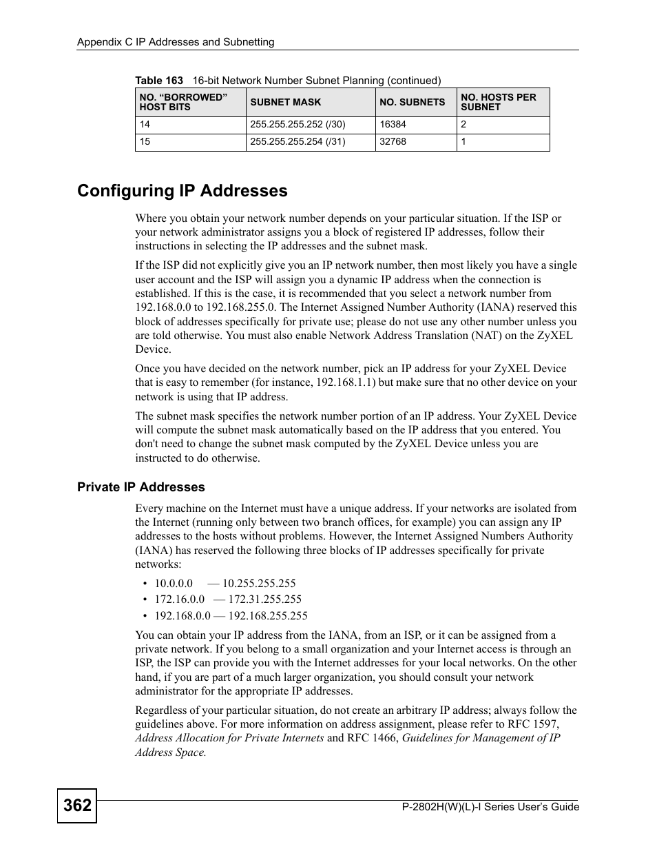 362 configuring ip addresses | ZyXEL Communications P-2802H(W)(L)-I Series User Manual | Page 362 / 418