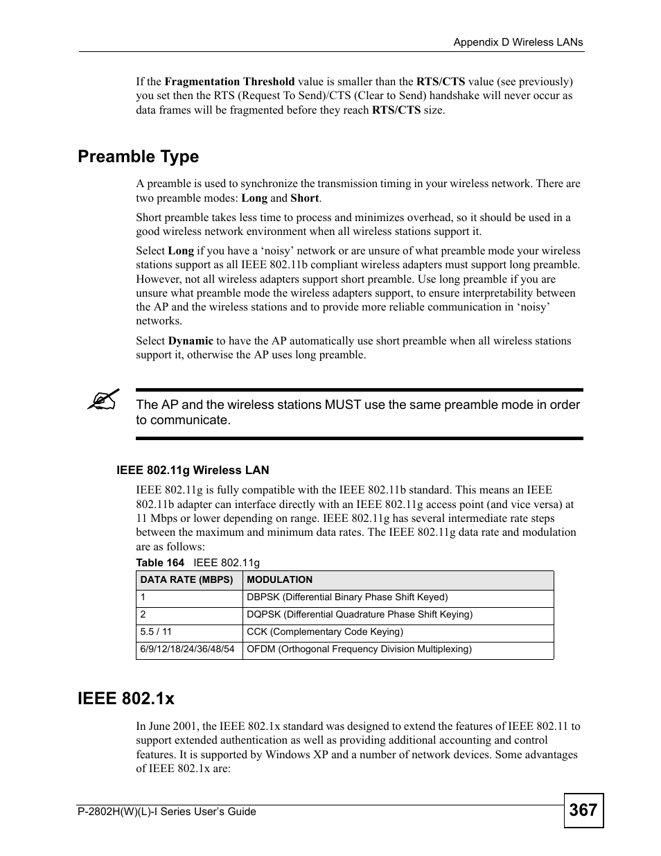 Table 164 ieee 802.11g, Preamble type, Ieee 802.1x | ZyXEL Communications P-2802H(W)(L)-I Series User Manual | Page 367 / 418