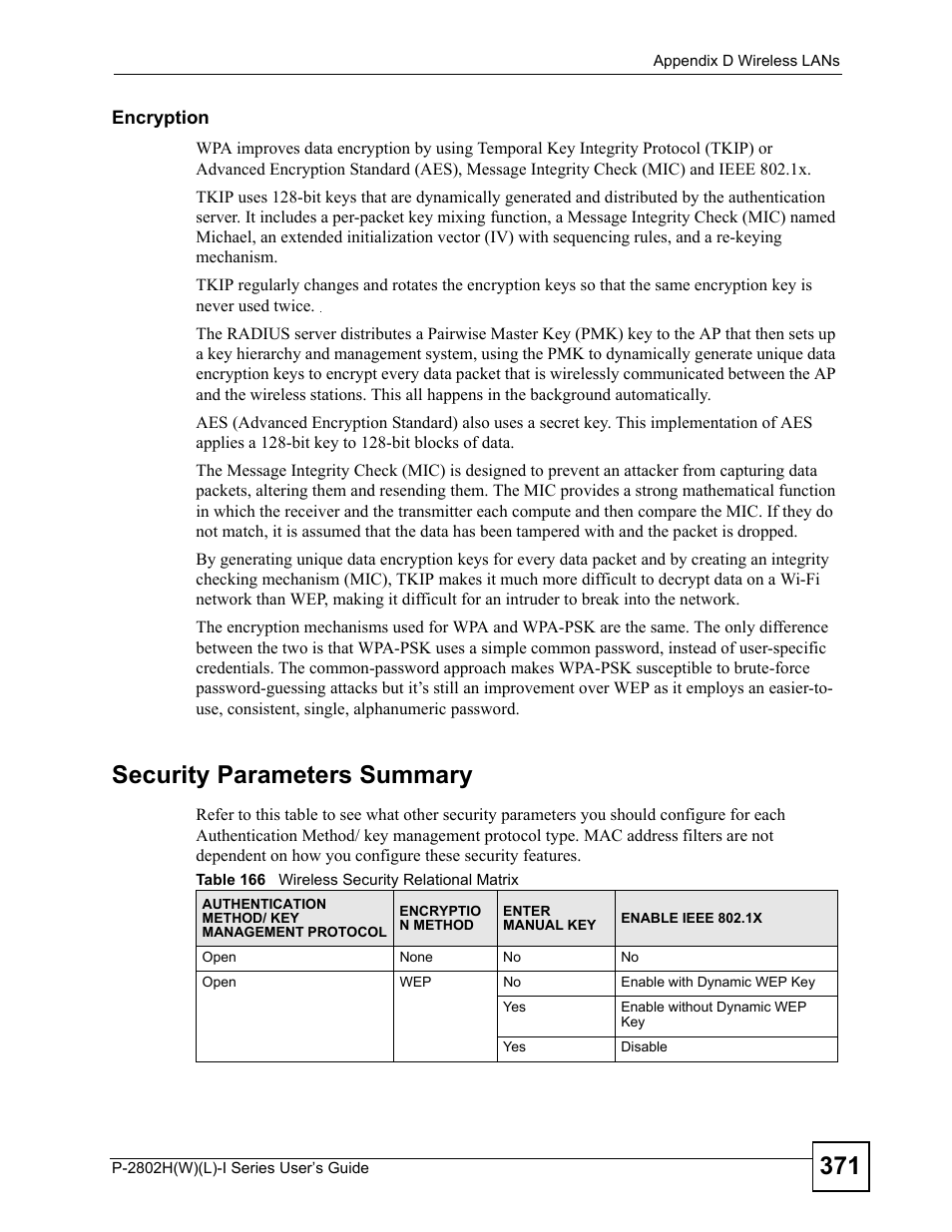 Table 166 wireless security relational matrix, Security parameters summary | ZyXEL Communications P-2802H(W)(L)-I Series User Manual | Page 371 / 418