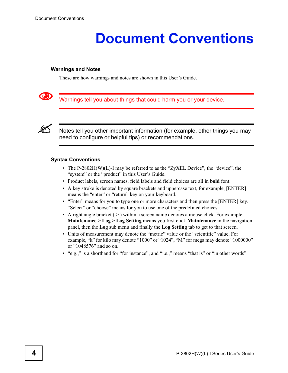 Document conventions | ZyXEL Communications P-2802H(W)(L)-I Series User Manual | Page 4 / 418