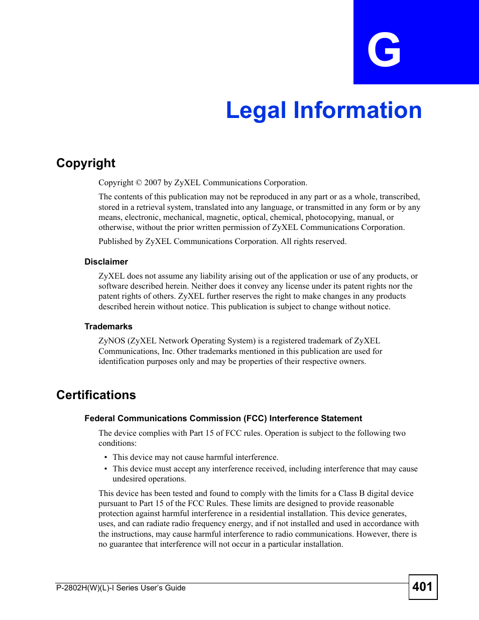 Legal information, Appendix g legal information, Legal information (401) | ZyXEL Communications P-2802H(W)(L)-I Series User Manual | Page 401 / 418