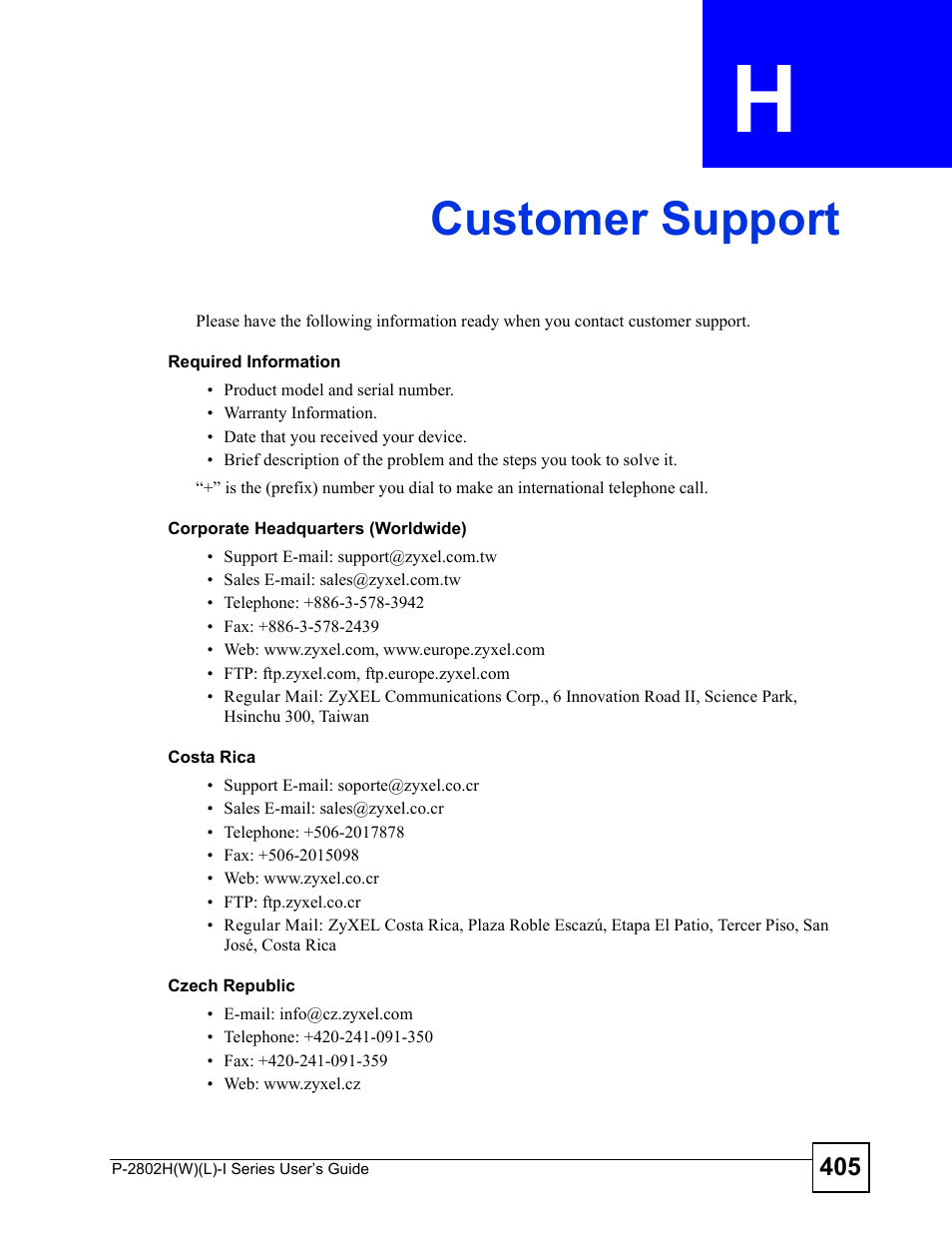 Customer support, Appendix h customer support, Customer support (405) | ZyXEL Communications P-2802H(W)(L)-I Series User Manual | Page 405 / 418