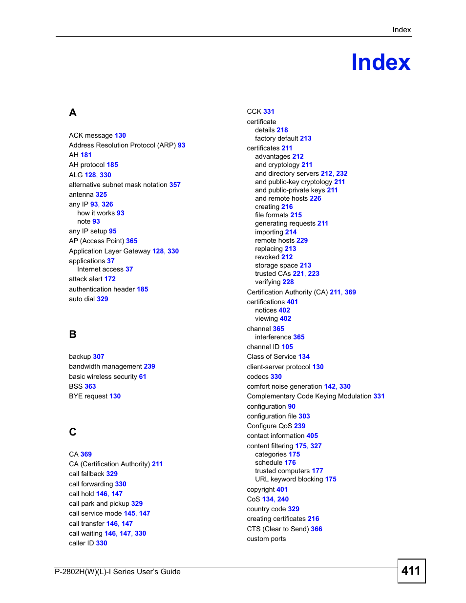 Index, Index (411) | ZyXEL Communications P-2802H(W)(L)-I Series User Manual | Page 411 / 418