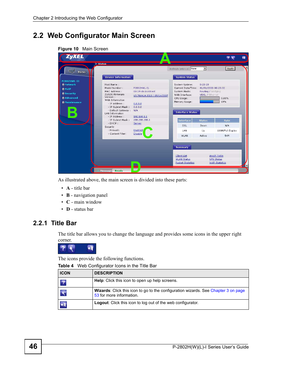 2 web configurator main screen, 1 title bar, Figure 10 main screen | Table 4 web configurator icons in the title bar, Ab c d | ZyXEL Communications P-2802H(W)(L)-I Series User Manual | Page 46 / 418