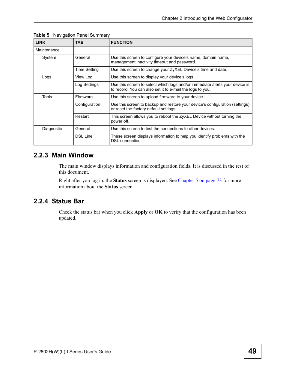 3 main window, 4 status bar, 3 main window 2.2.4 status bar | ZyXEL Communications P-2802H(W)(L)-I Series User Manual | Page 49 / 418