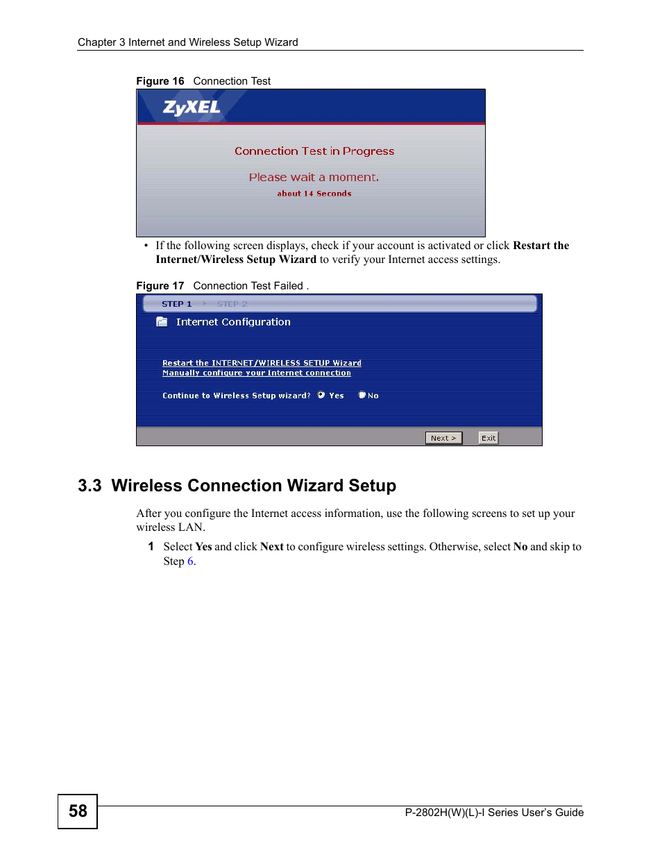 3 wireless connection wizard setup | ZyXEL Communications P-2802H(W)(L)-I Series User Manual | Page 58 / 418