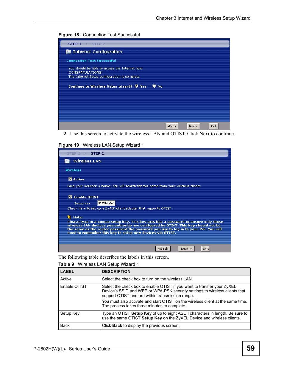 Table 9 wireless lan setup wizard 1 | ZyXEL Communications P-2802H(W)(L)-I Series User Manual | Page 59 / 418