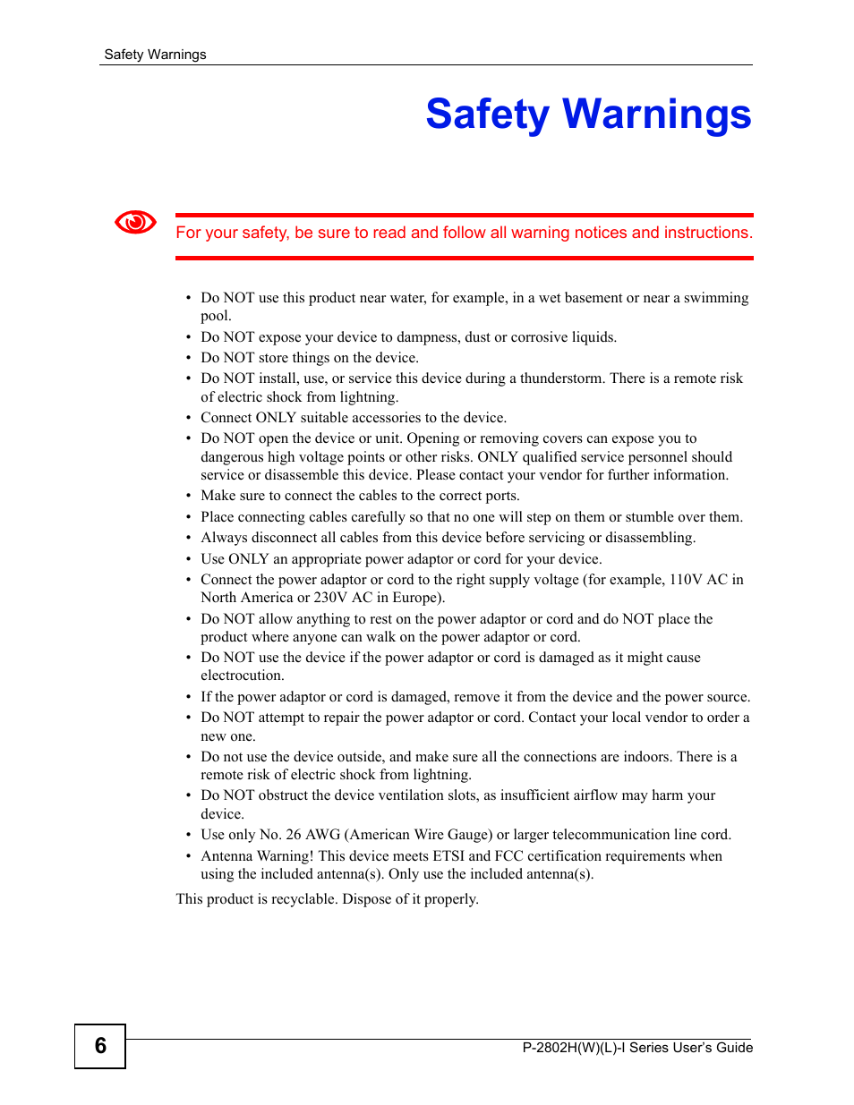 Safety warnings | ZyXEL Communications P-2802H(W)(L)-I Series User Manual | Page 6 / 418