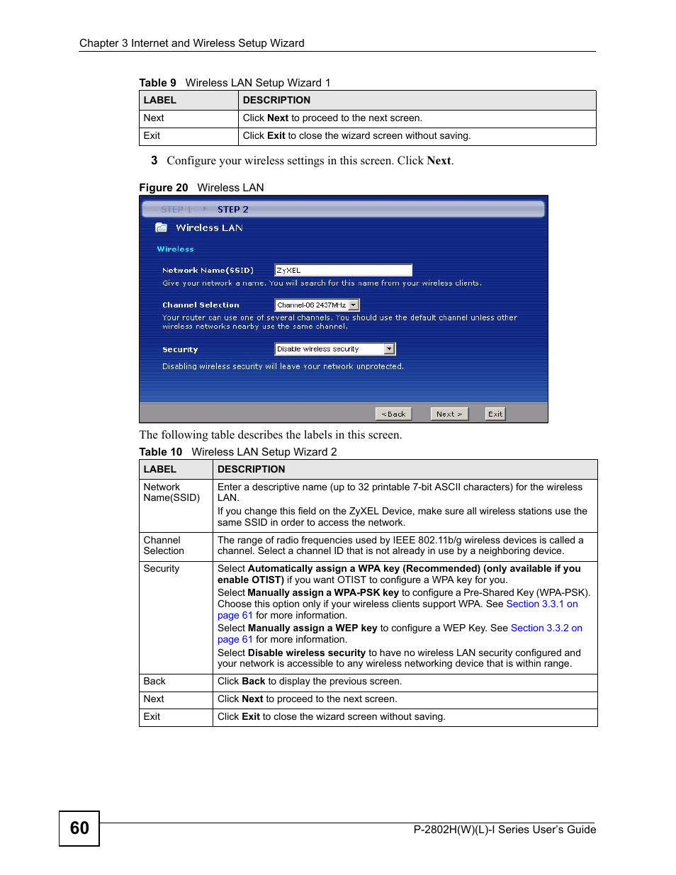 Figure 20 wireless lan, Table 10 wireless lan setup wizard 2 | ZyXEL Communications P-2802H(W)(L)-I Series User Manual | Page 60 / 418