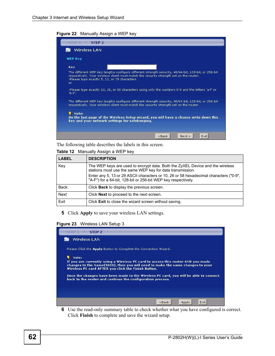 Table 12 manually assign a wep key | ZyXEL Communications P-2802H(W)(L)-I Series User Manual | Page 62 / 418