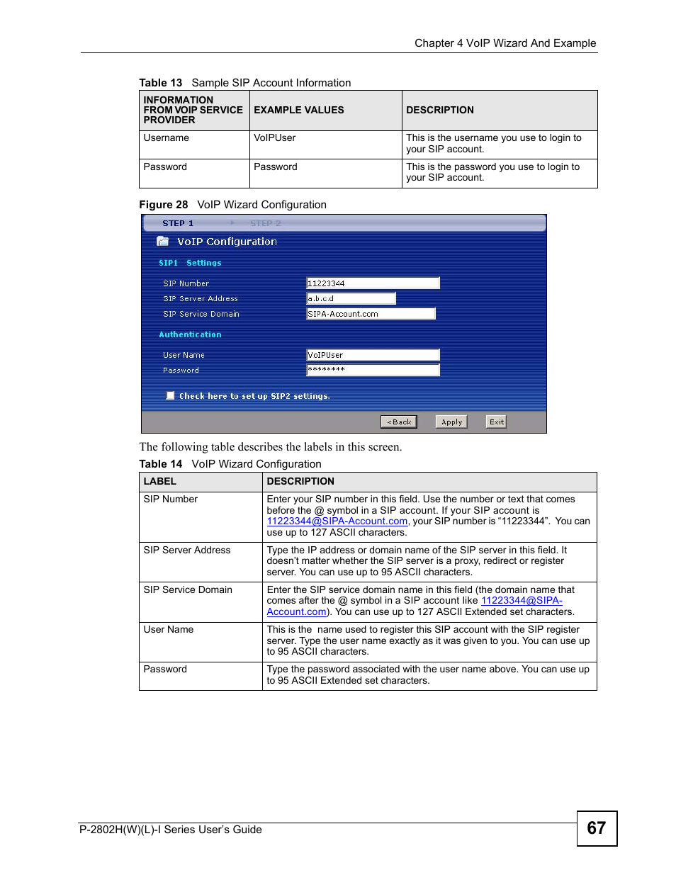 Figure 28 voip wizard configuration, Table 14 voip wizard configuration | ZyXEL Communications P-2802H(W)(L)-I Series User Manual | Page 67 / 418