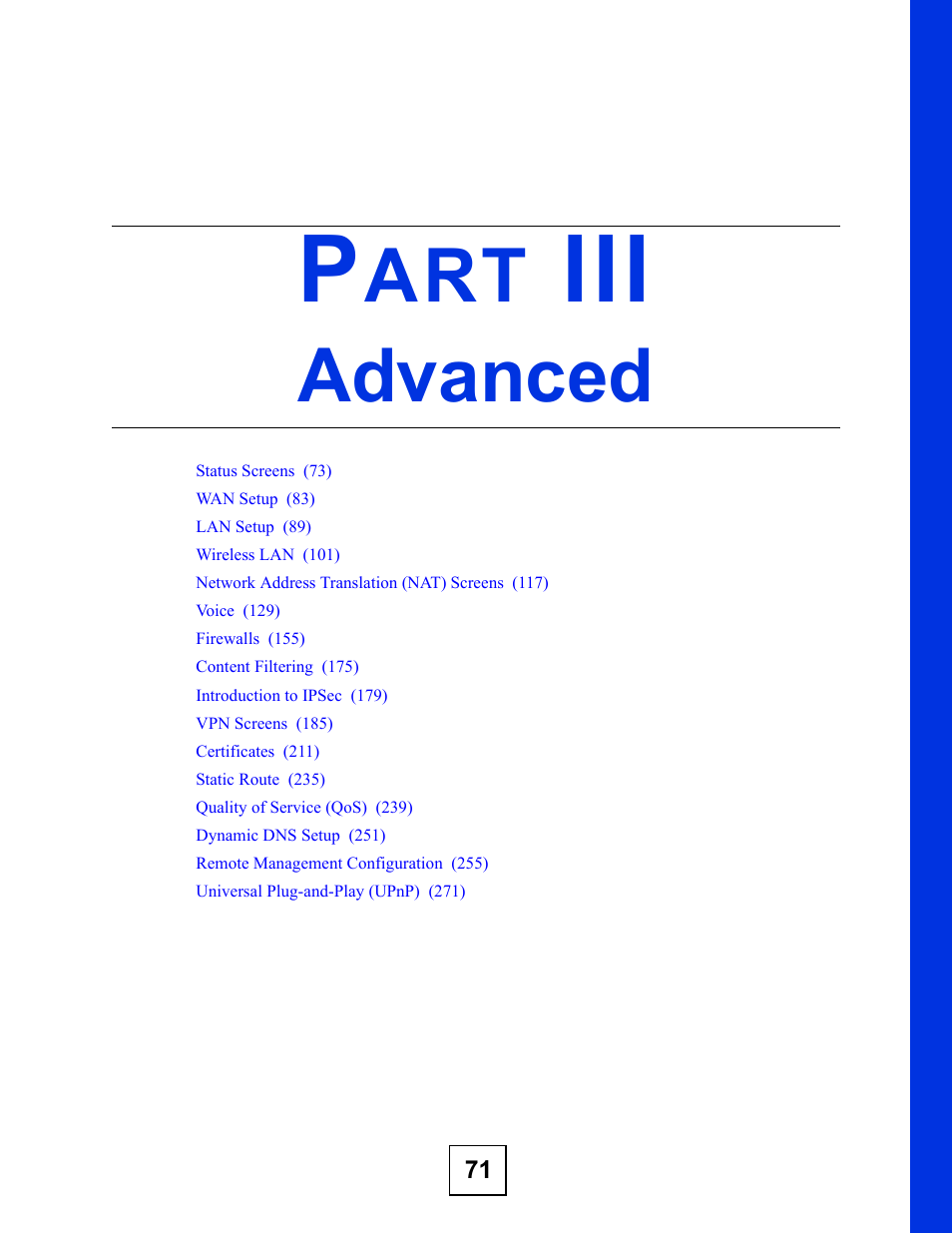 Advanced, Part iii: advanced | ZyXEL Communications P-2802H(W)(L)-I Series User Manual | Page 71 / 418