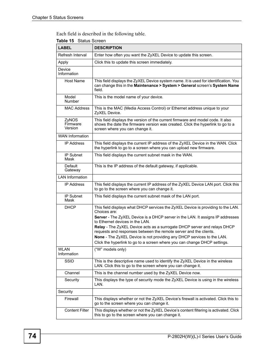 Table 15 status screen | ZyXEL Communications P-2802H(W)(L)-I Series User Manual | Page 74 / 418