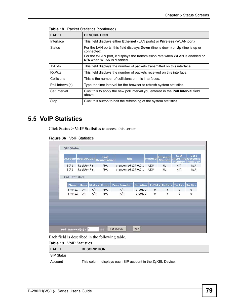 5 voip statistics, Figure 36 voip statistics, Table 19 voip statistics | 79 5.5 voip statistics | ZyXEL Communications P-2802H(W)(L)-I Series User Manual | Page 79 / 418