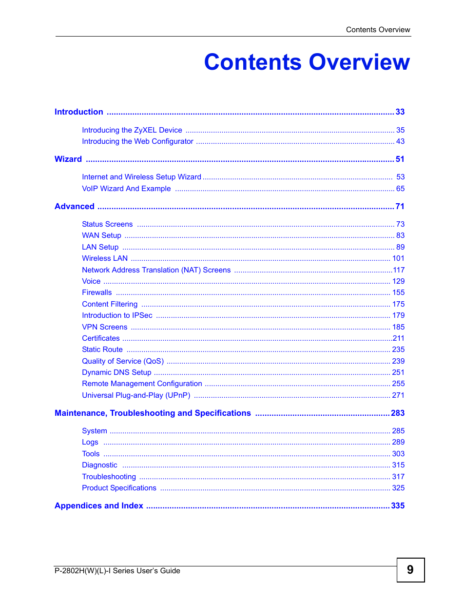 Contents overview | ZyXEL Communications P-2802H(W)(L)-I Series User Manual | Page 9 / 418