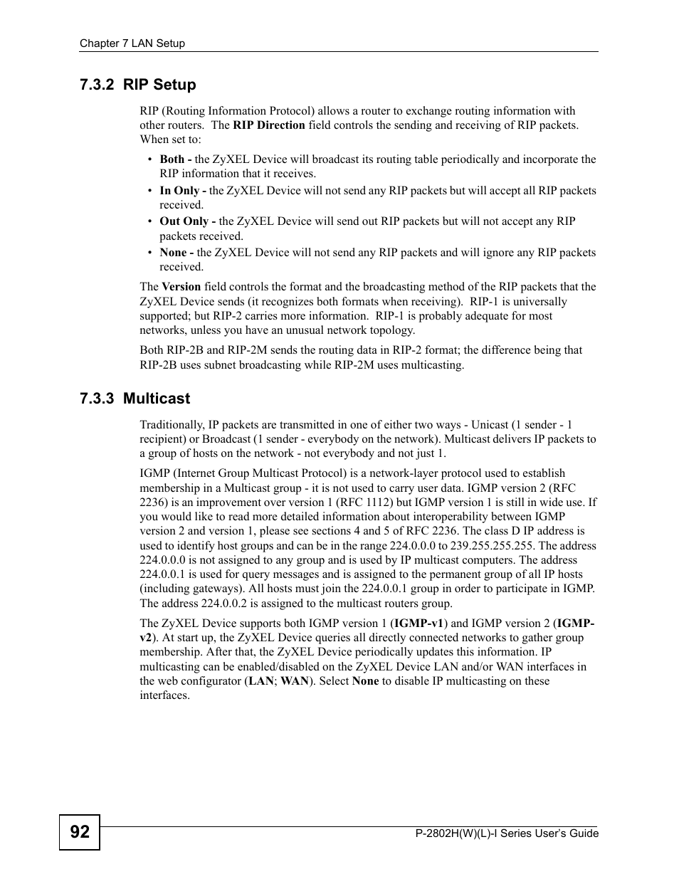 2 rip setup, 3 multicast, 2 rip setup 7.3.3 multicast | ZyXEL Communications P-2802H(W)(L)-I Series User Manual | Page 92 / 418