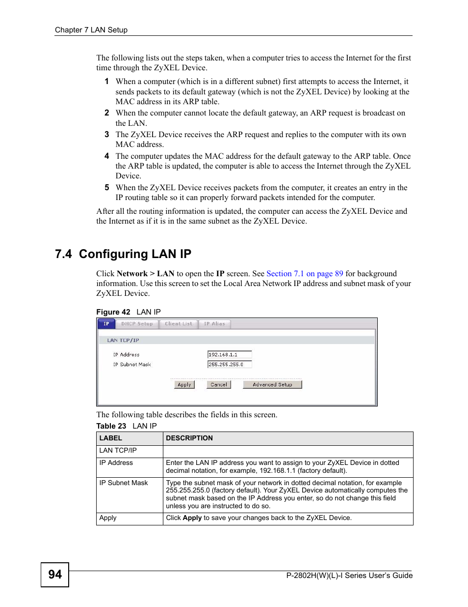 4 configuring lan ip, Figure 42 lan ip, Table 23 lan ip | ZyXEL Communications P-2802H(W)(L)-I Series User Manual | Page 94 / 418