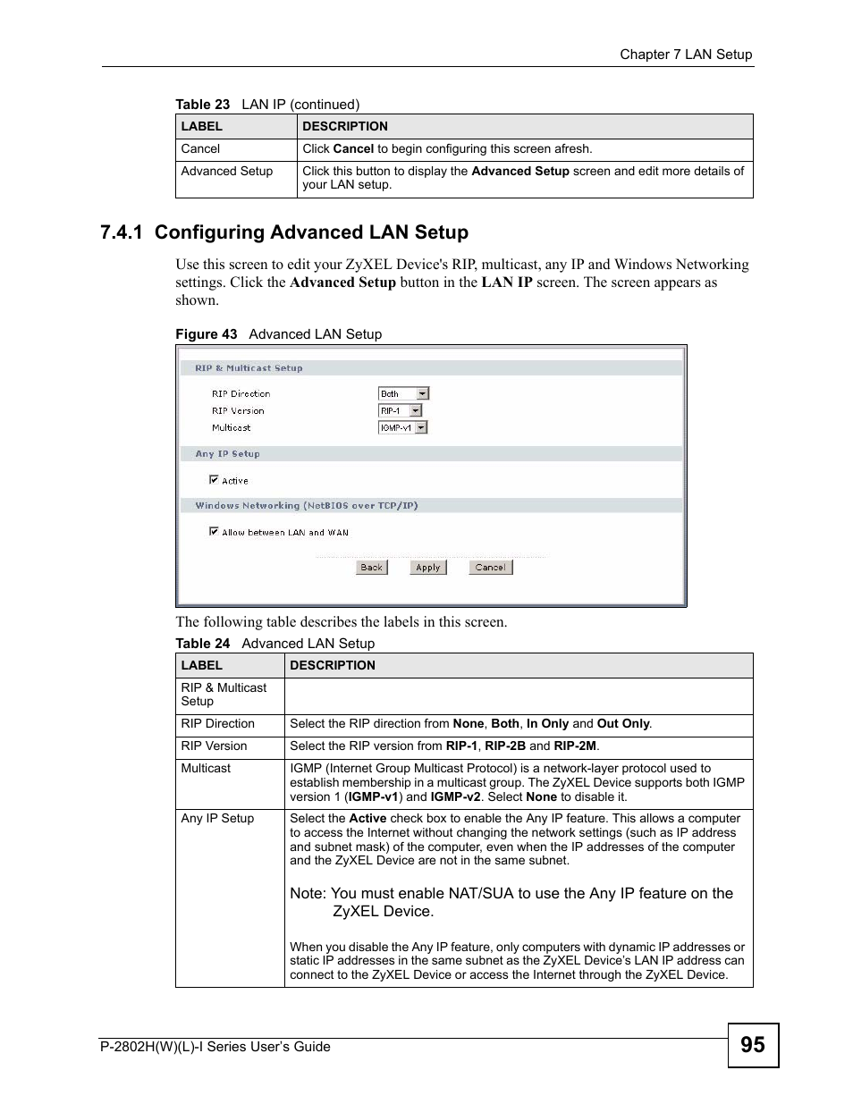 1 configuring advanced lan setup, Figure 43 advanced lan setup, Table 24 advanced lan setup | ZyXEL Communications P-2802H(W)(L)-I Series User Manual | Page 95 / 418