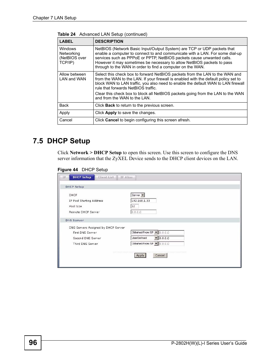 5 dhcp setup, Figure 44 dhcp setup, 96 7.5 dhcp setup | ZyXEL Communications P-2802H(W)(L)-I Series User Manual | Page 96 / 418