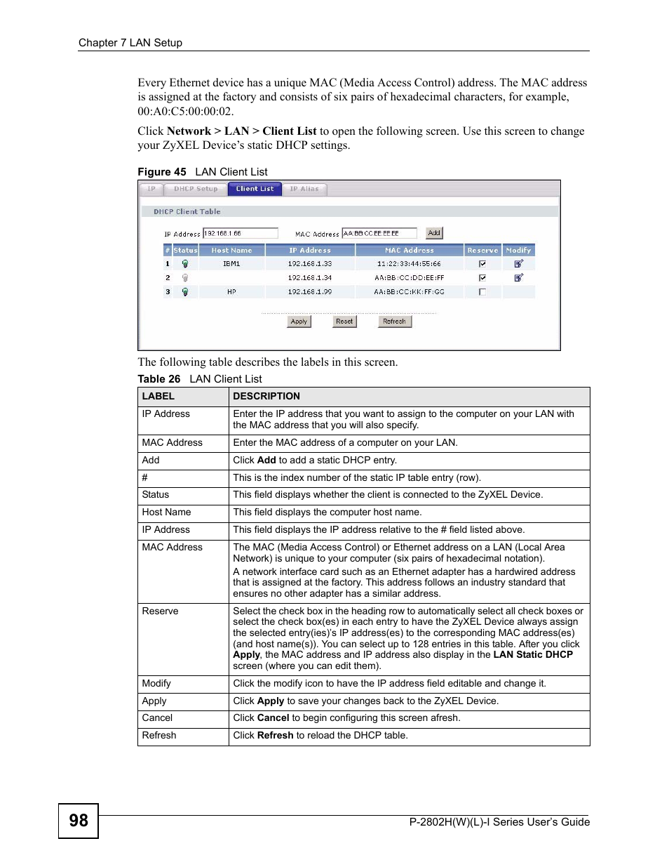 Figure 45 lan client list, Table 26 lan client list | ZyXEL Communications P-2802H(W)(L)-I Series User Manual | Page 98 / 418