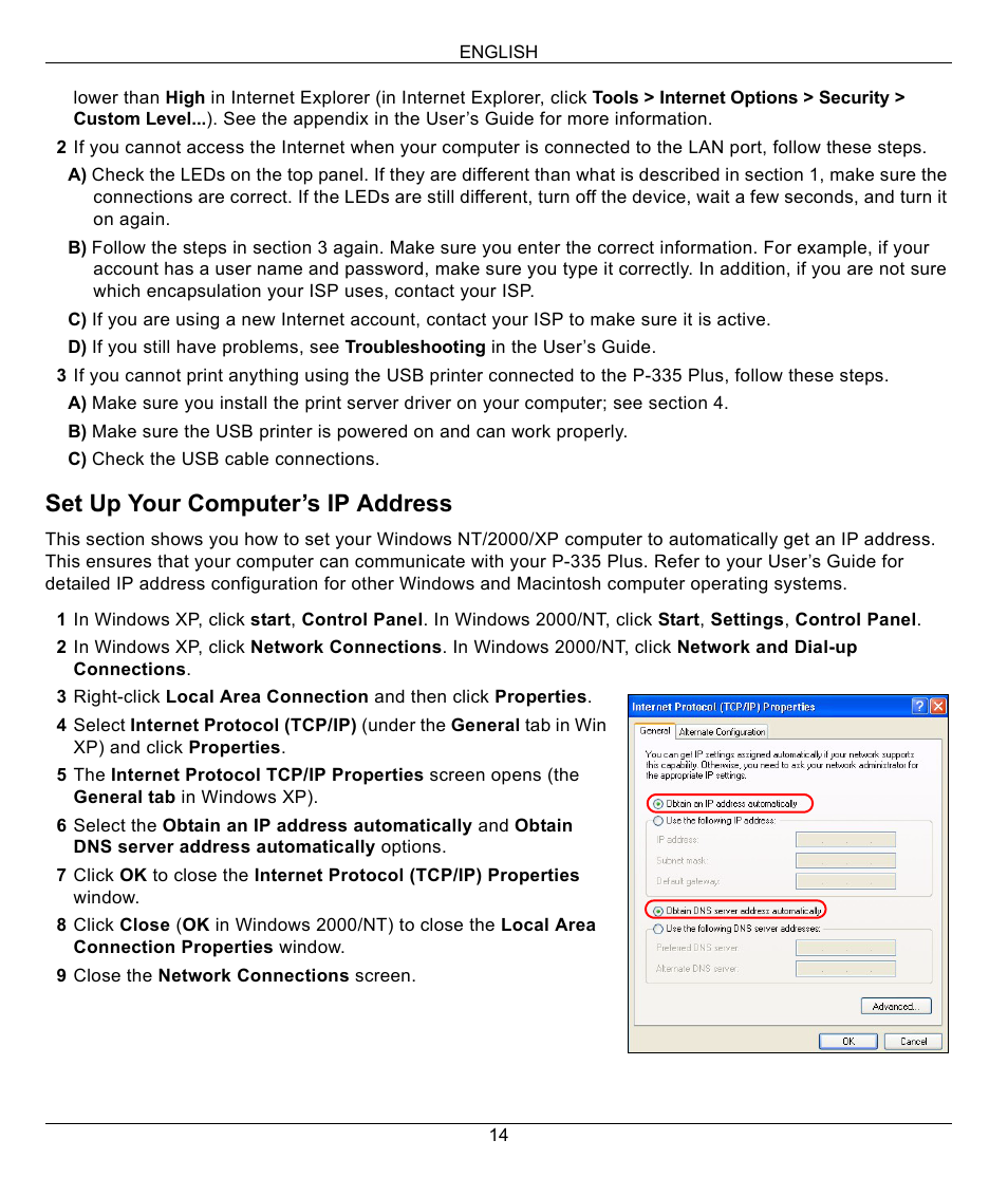Set up your computer’s ip address | ZyXEL Communications P-335 Plus User Manual | Page 14 / 95