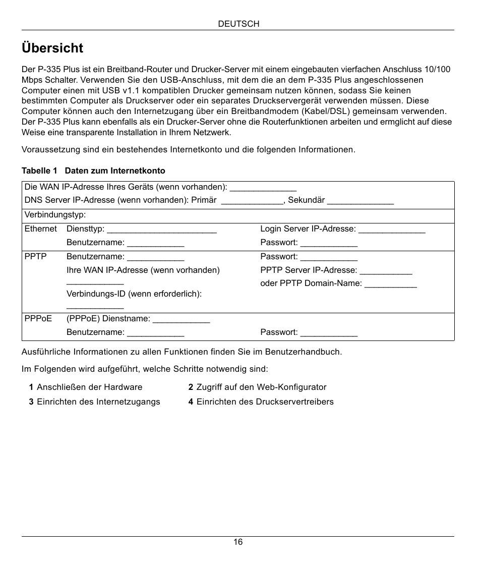 Deutsch, Übersicht | ZyXEL Communications P-335 Plus User Manual | Page 16 / 95