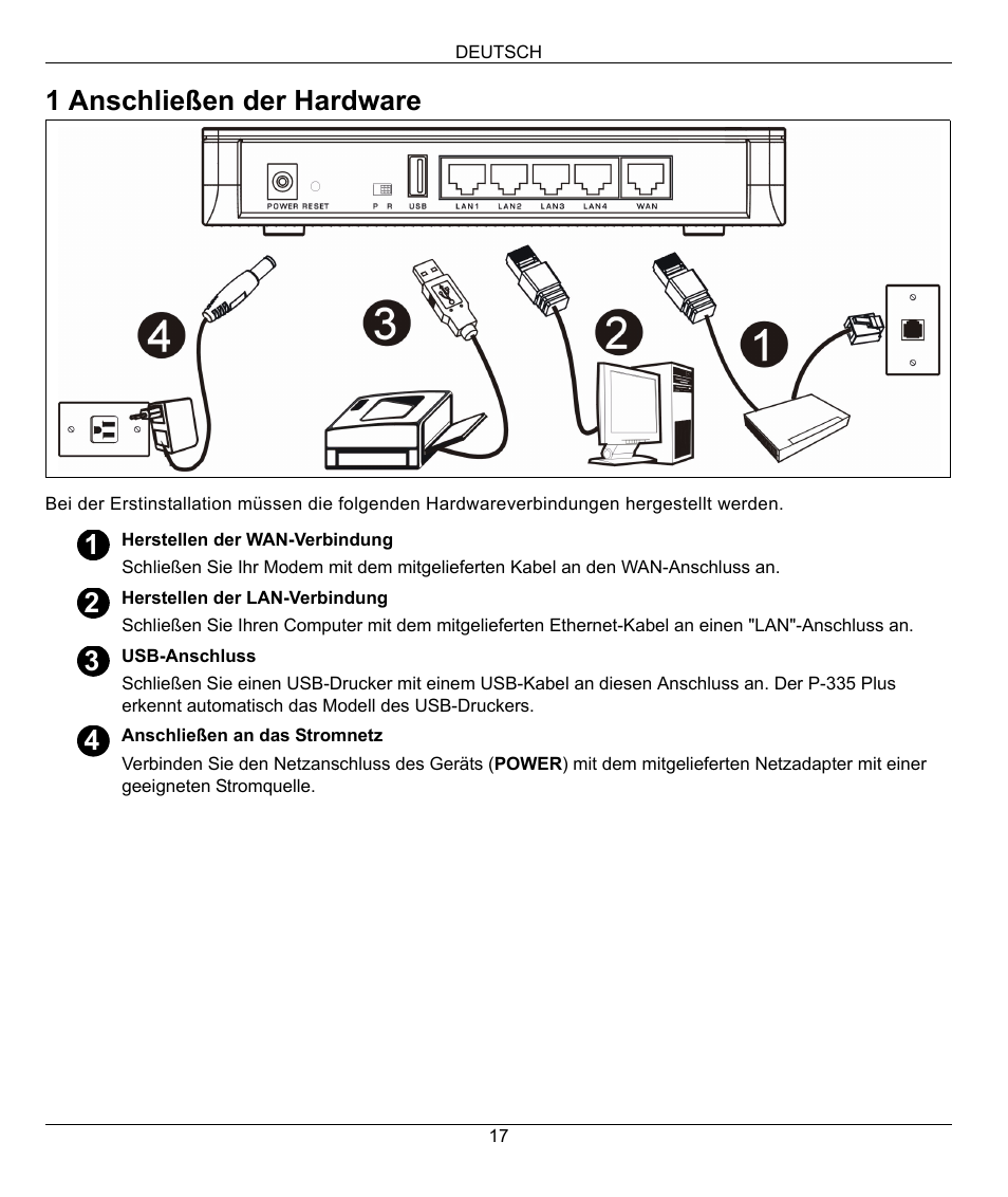 1 anschließen der hardware | ZyXEL Communications P-335 Plus User Manual | Page 17 / 95