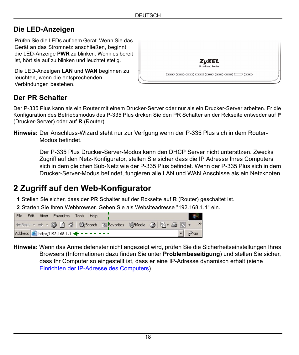 2 zugriff auf den web-konfigurator | ZyXEL Communications P-335 Plus User Manual | Page 18 / 95