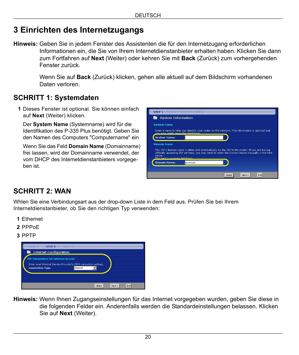 3 einrichten des internetzugangs | ZyXEL Communications P-335 Plus User Manual | Page 20 / 95