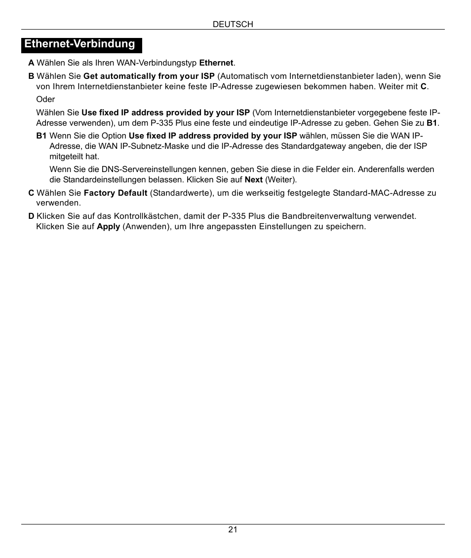 Ethernet-verbindung | ZyXEL Communications P-335 Plus User Manual | Page 21 / 95