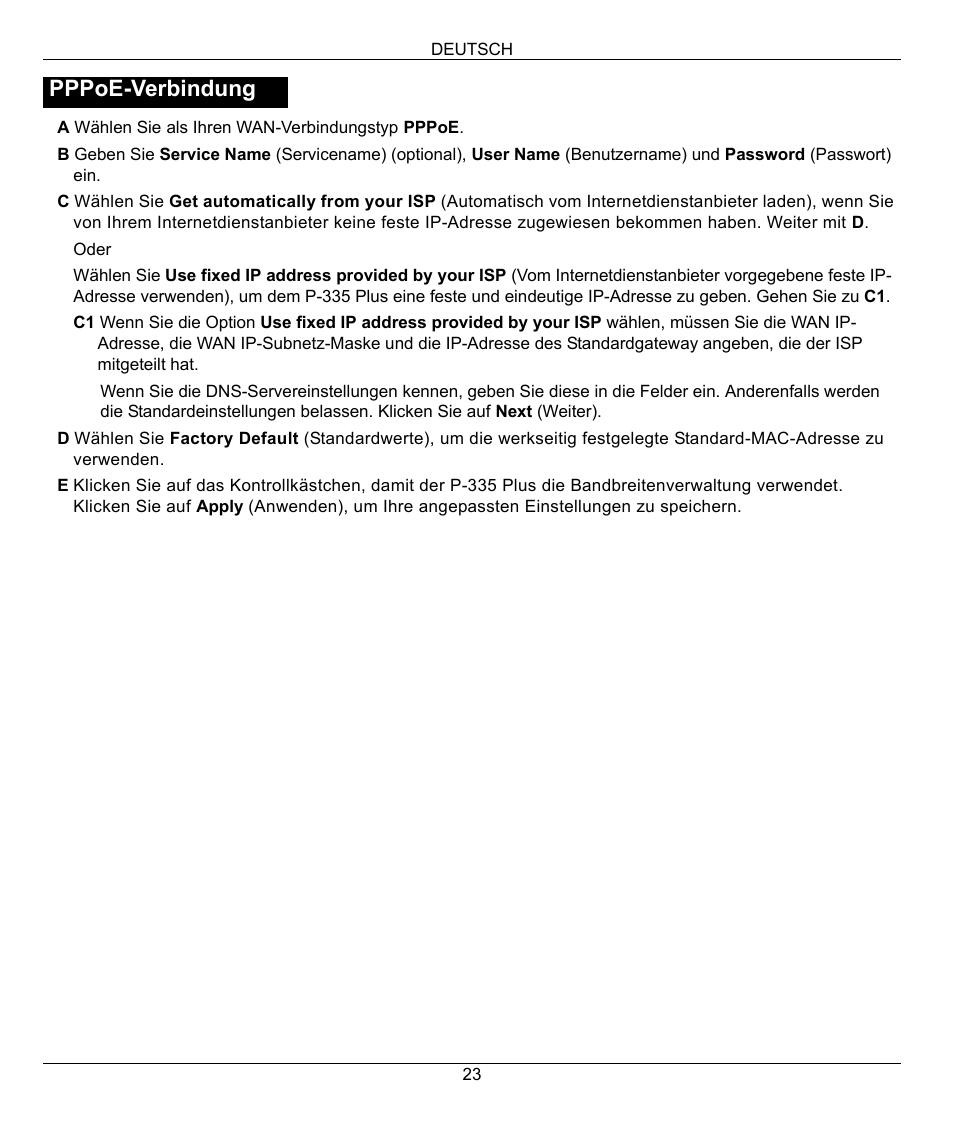 Pppoe-verbindung | ZyXEL Communications P-335 Plus User Manual | Page 23 / 95