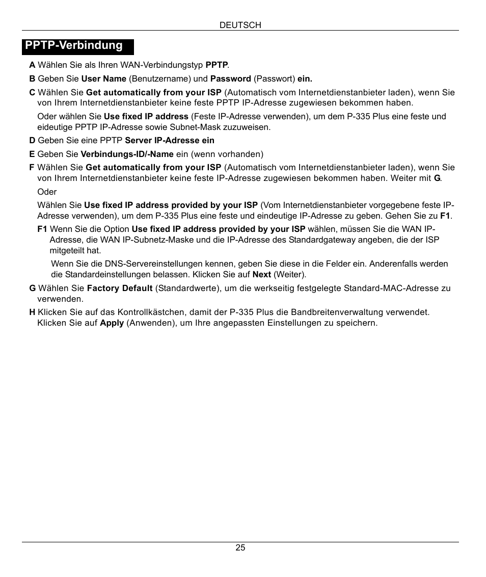 Pptp-verbindung | ZyXEL Communications P-335 Plus User Manual | Page 25 / 95