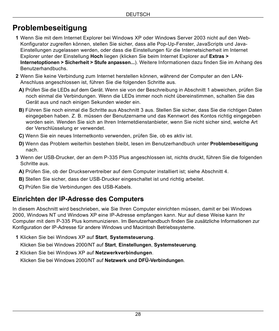 Problembeseitigung, Einrichten der ip-adresse des computers | ZyXEL Communications P-335 Plus User Manual | Page 28 / 95