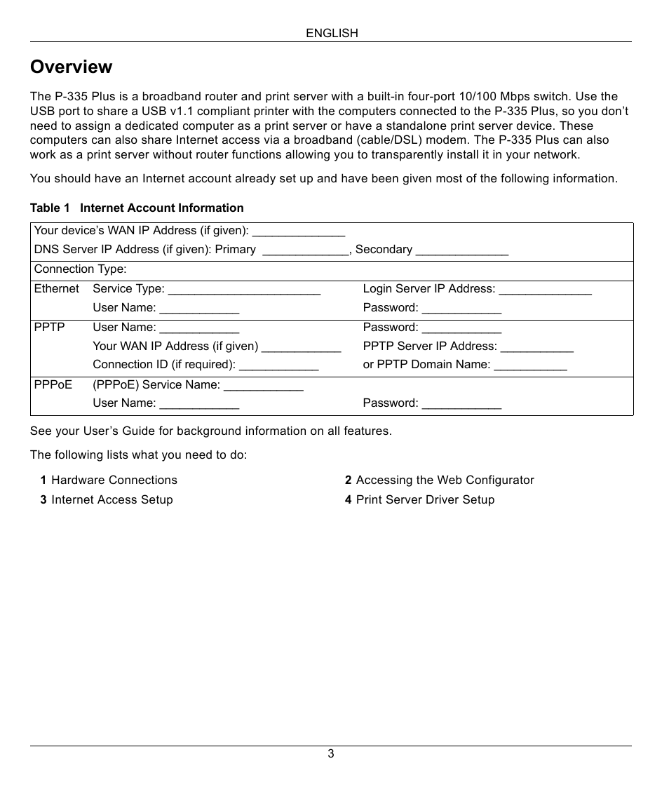 English, Overview | ZyXEL Communications P-335 Plus User Manual | Page 3 / 95