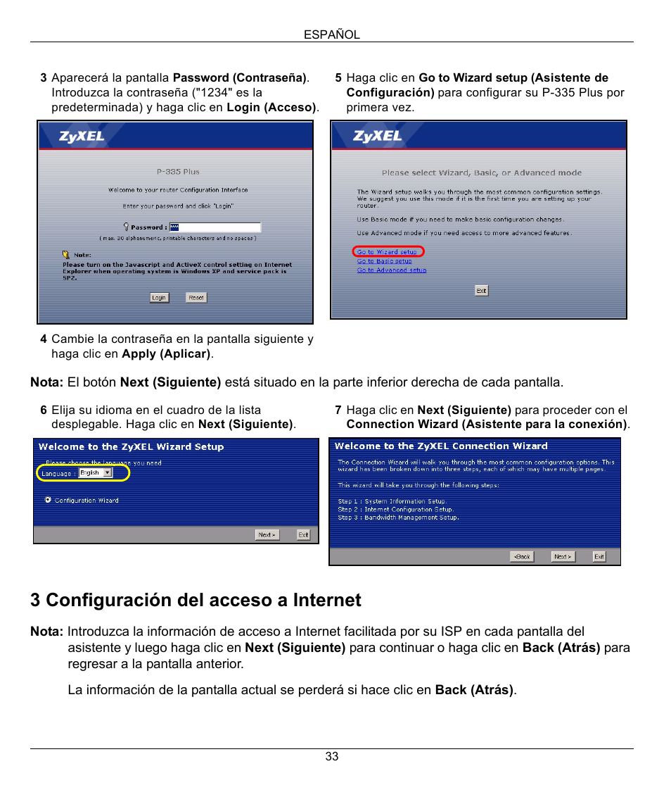 3 configuración del acceso a internet | ZyXEL Communications P-335 Plus User Manual | Page 33 / 95