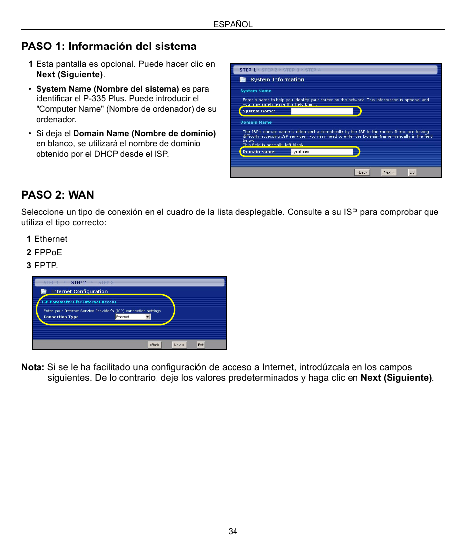 Paso 1: información del sistema paso 2: wan | ZyXEL Communications P-335 Plus User Manual | Page 34 / 95