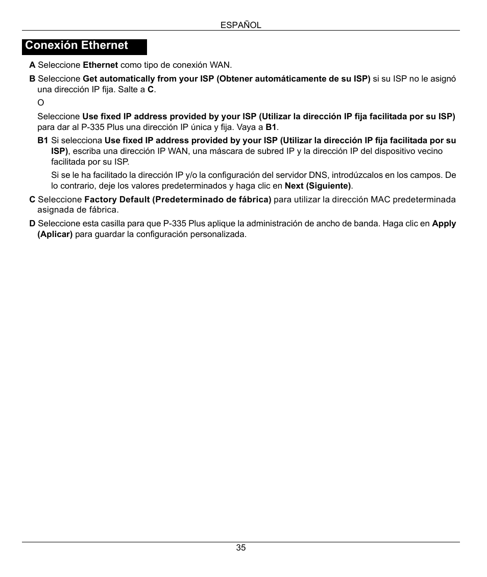 Conexión ethernet | ZyXEL Communications P-335 Plus User Manual | Page 35 / 95