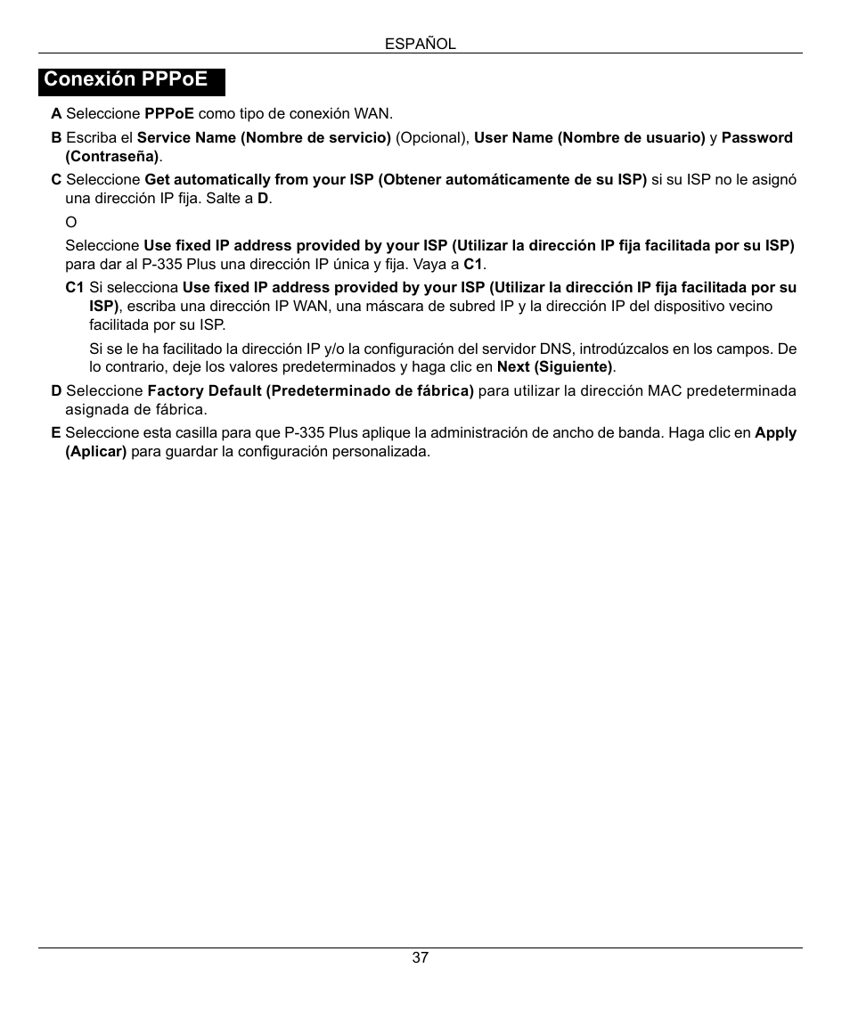 Conexión pppoe | ZyXEL Communications P-335 Plus User Manual | Page 37 / 95