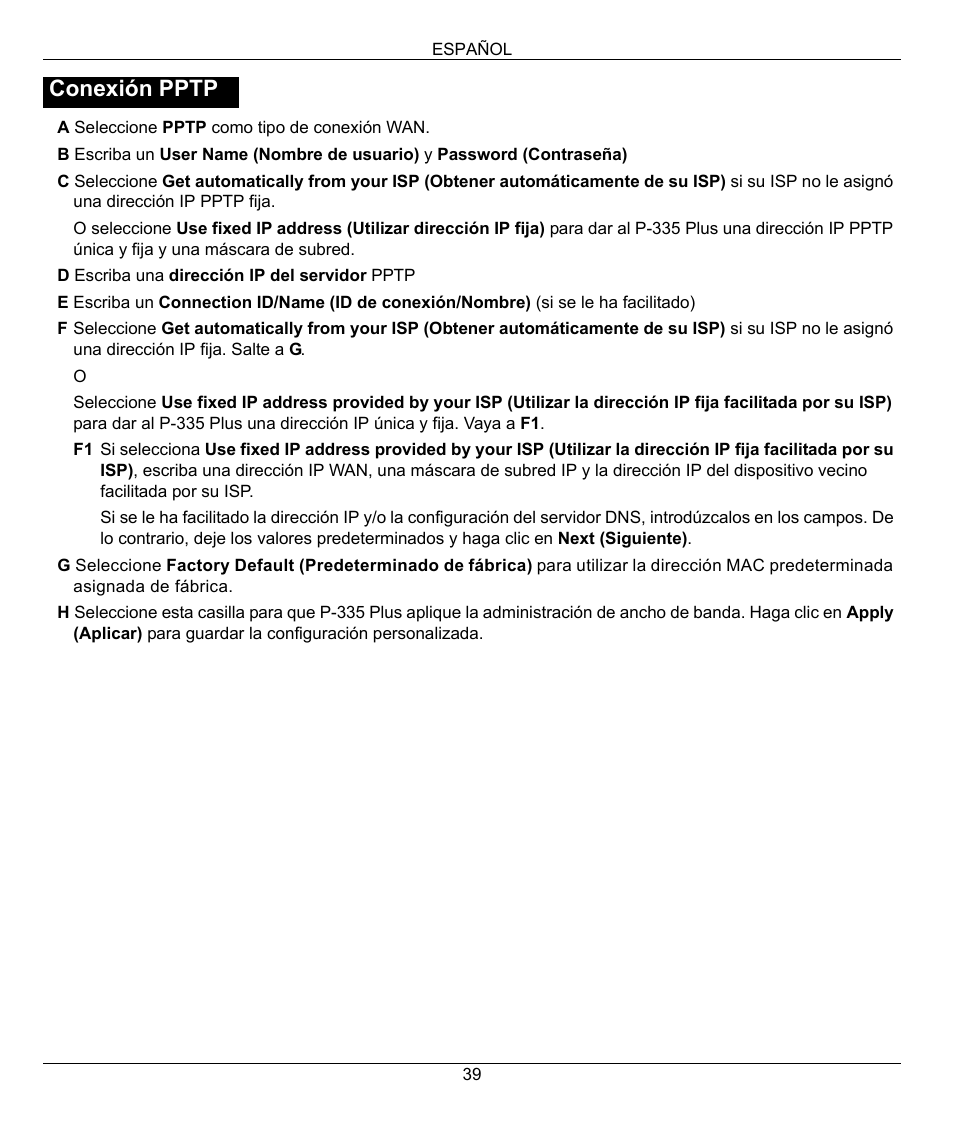 Conexión pptp | ZyXEL Communications P-335 Plus User Manual | Page 39 / 95