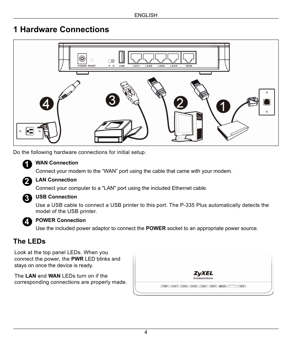 1 hardware connections | ZyXEL Communications P-335 Plus User Manual | Page 4 / 95