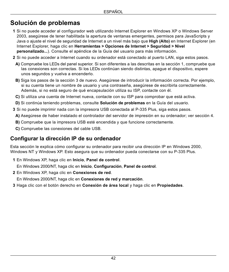 Solución de problemas, Configurar la dirección ip de su ordenador | ZyXEL Communications P-335 Plus User Manual | Page 42 / 95