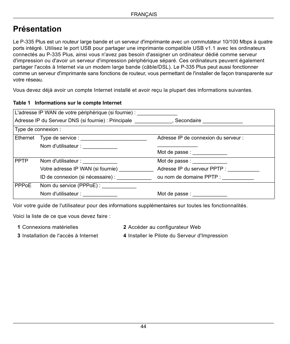 Français, Présentation | ZyXEL Communications P-335 Plus User Manual | Page 44 / 95